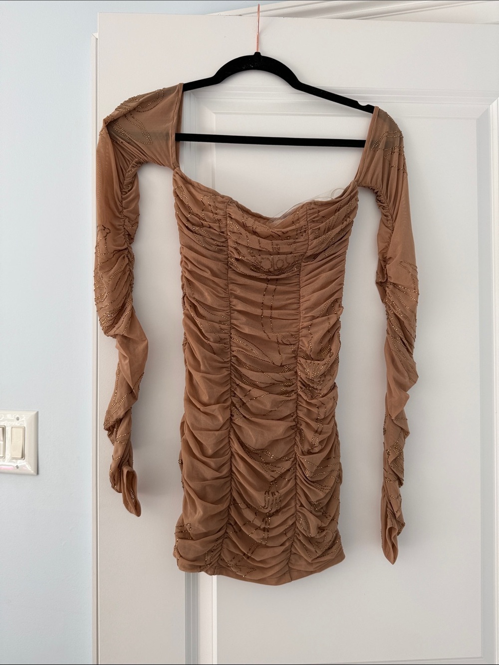 Rococo sand off the shoulder bedazzled dress